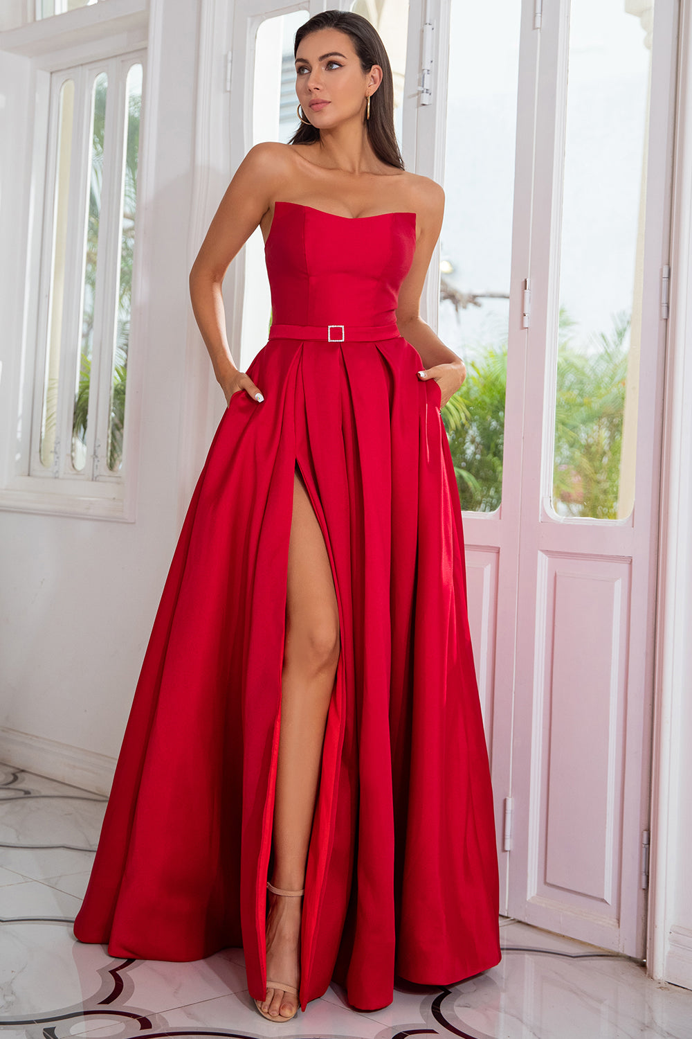 A line strapless red long prom dress with split front