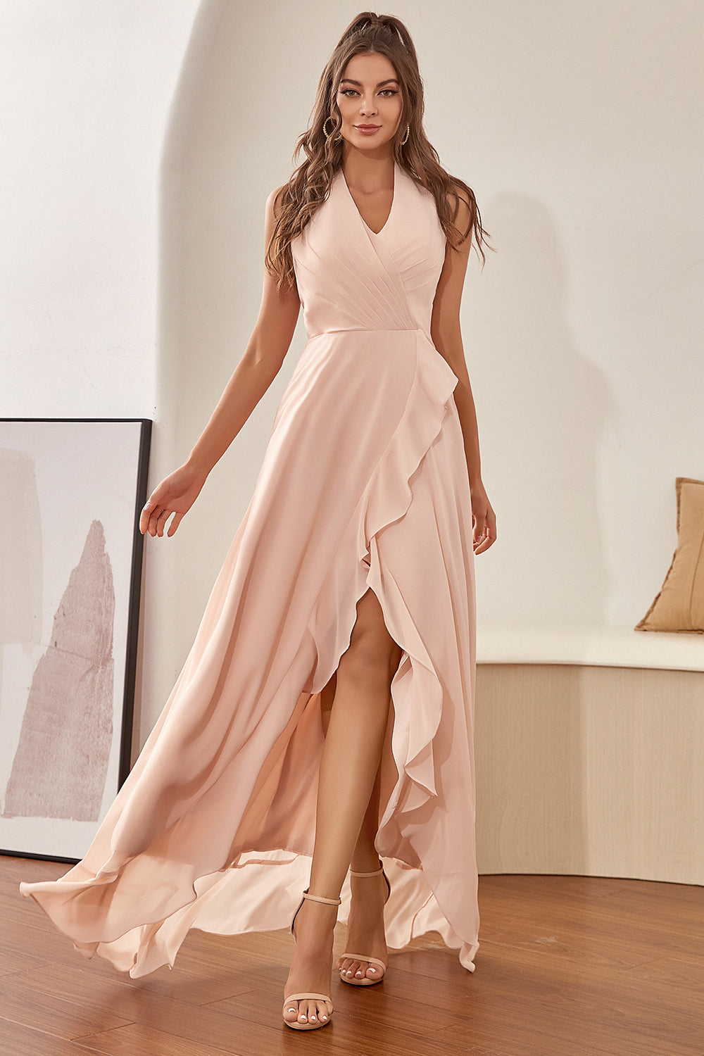 Blush Halter High-low Prom Dress with Ruffles