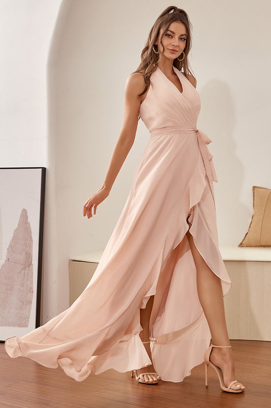 Blush Halter High-low Prom Dress with Ruffles