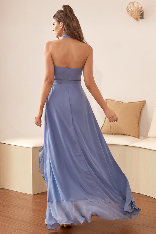 Blue Halter High-low Prom Dress with Ruffles