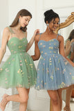 Grey Blue Short A-Line Homecoming Dress With Embroidery