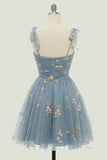 Grey Blue Short A-Line Homecoming Dress With Embroidery