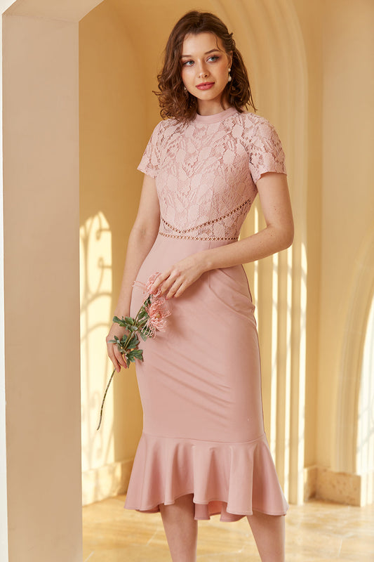 Pink Lace Bodycon Wedding Guest Dress