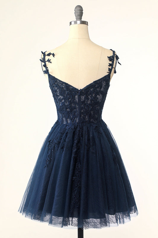 Navy Spaghetti Straps Short Homecoming Dress with Appliques