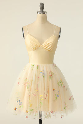 Champagne Tulle Spaghetti Straps A-line Homecoming Dress with Embroidery