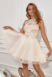Champagne Halter Homecoming Dress with Embroidery