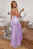 Lavender Sequin Prom Dress with Fringes