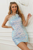 Sky Blue Sequined One Shoulder Homecoming Dress With Feathers