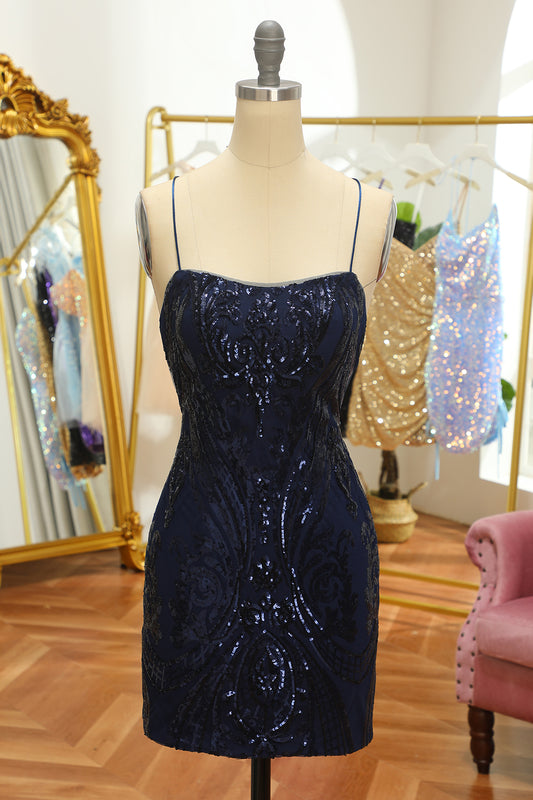 Navy Sequin Homecoming Dress