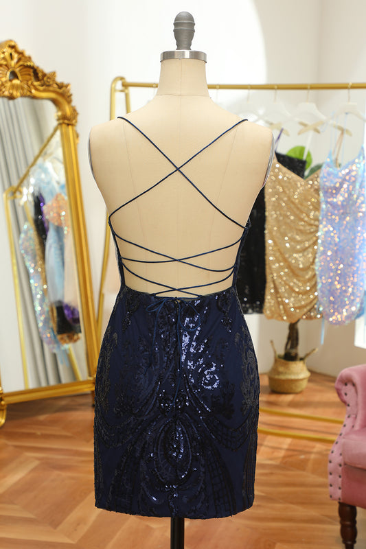 Navy Sequin Homecoming Dress