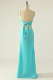 Blue Spaghetti Straps Cut Out Wedding Guest Dress With Bow