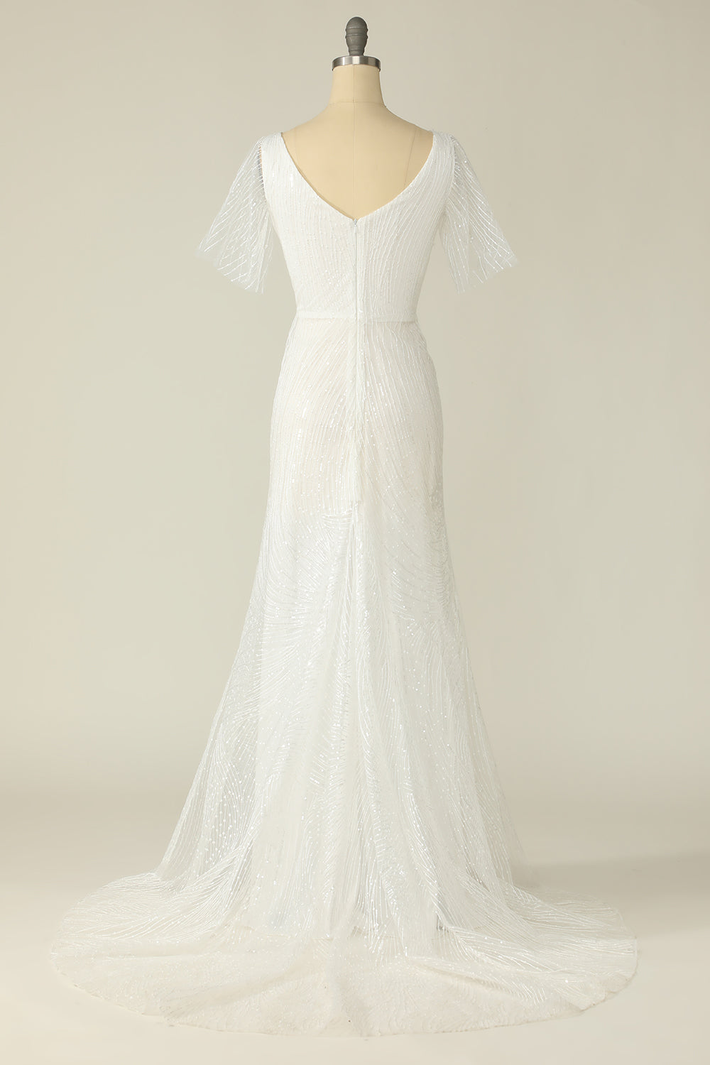 White V Neck Lace Wedding Dress