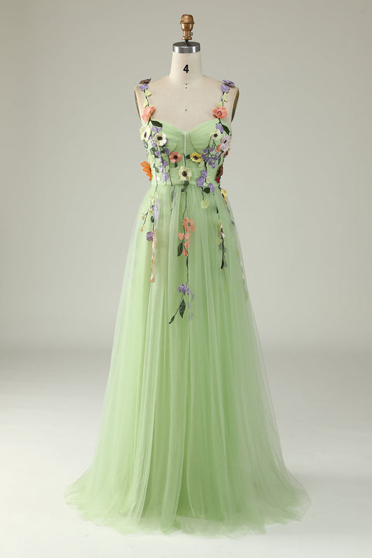 Flower A-Line Green Prom Dress