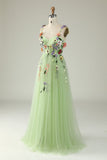 Flower A-Line Green Prom Dress