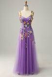 Flower A-Line Dark Purple Prom Dress