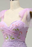 A-Line Purple Tulle Prom Dress With Embroidery
