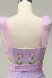 A-Line Purple Tulle Prom Dress With Embroidery