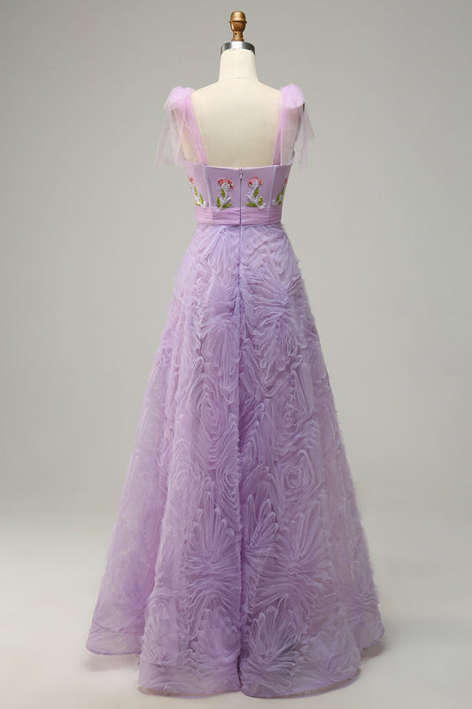 A-Line Purple Tulle Prom Dress With Embroidery