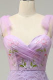 A-Line Purple Tulle Prom Dress With Embroidery