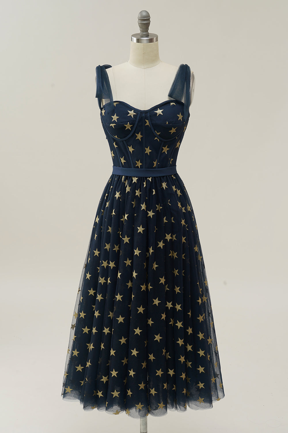 A-line Navy Tea-length Prom Dress with Stars