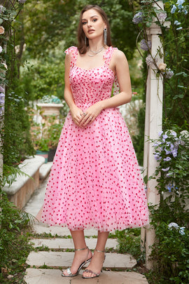 Zapaka Women Pink Tulle A-Line Spaghetti Straps Midi Prom Dress with Hearts, Pink / UK32 Zapaka Women Pink Tulle A-Line Spaghetti Straps Midi Prom Dress with Hearts, Pink / UK32
