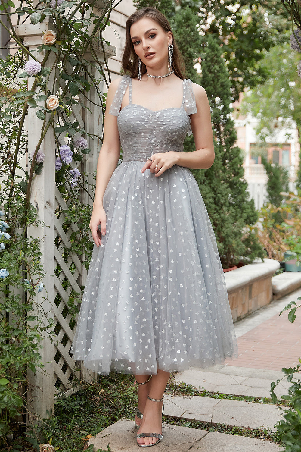 Grey Spaghetti Straps Tea-Length Prom Dress With Bowknots