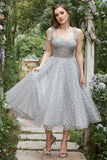 Grey Spaghetti Straps Tea-Length Prom Dress With Bowknots