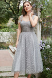 Grey Spaghetti Straps Tea-Length Prom Dress With Bowknots