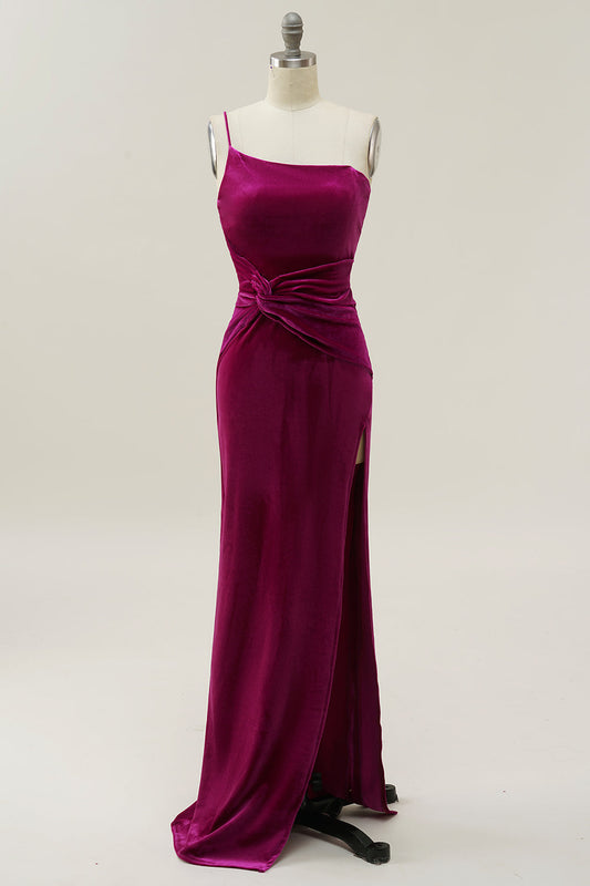 One Shoulder Velvet Prom Dress with Slit