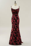 Sheath Spaghetti Straps Burgundy Printed Velvet Long Prom Dress with Silt