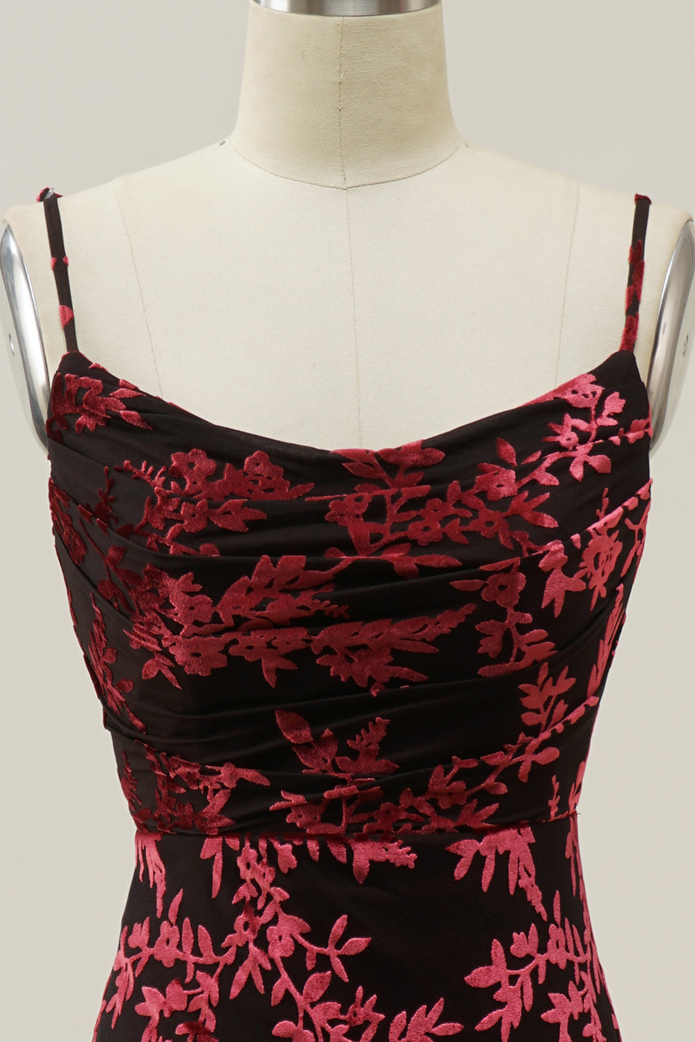 Sheath Spaghetti Straps Burgundy Printed Velvet Long Prom Dress with Silt