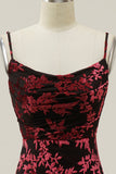 Sheath Spaghetti Straps Burgundy Printed Velvet Long Prom Dress with Silt