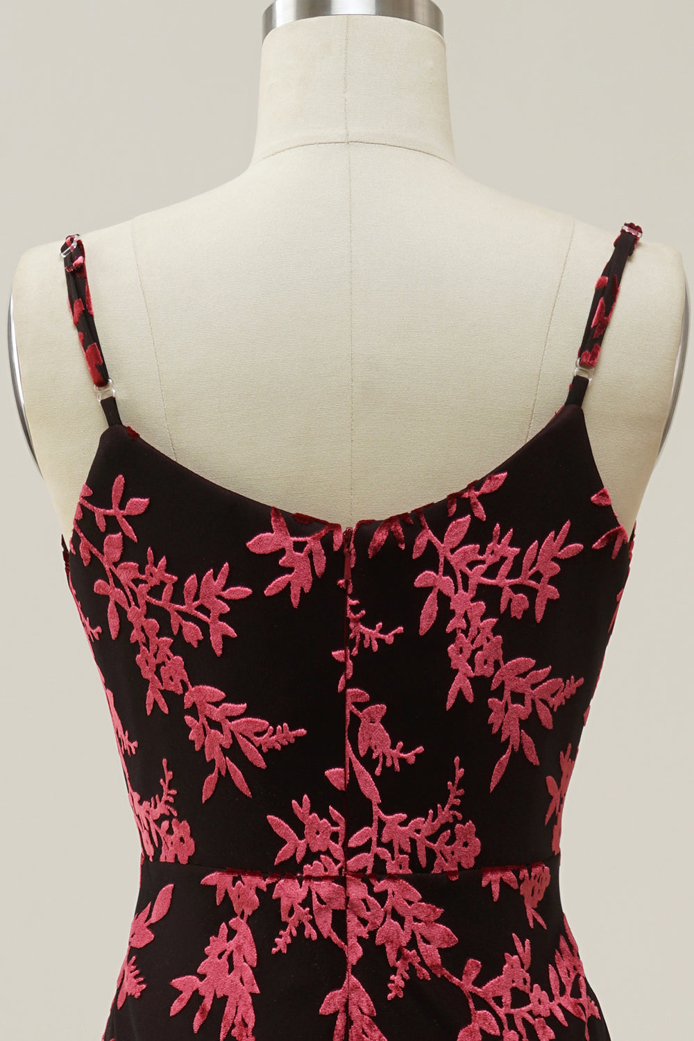 Sheath Spaghetti Straps Burgundy Printed Velvet Long Prom Dress with Silt