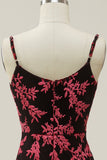 Sheath Spaghetti Straps Burgundy Printed Velvet Long Prom Dress with Silt