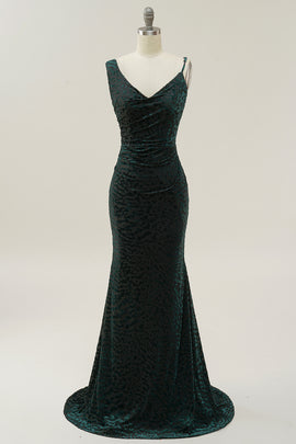 Mermaid V Neck Green Velvet Long Prom Dress