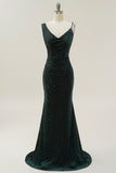 Mermaid V Neck Green Velvet Long Prom Dress