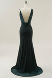 Mermaid V Neck Green Velvet Long Prom Dress