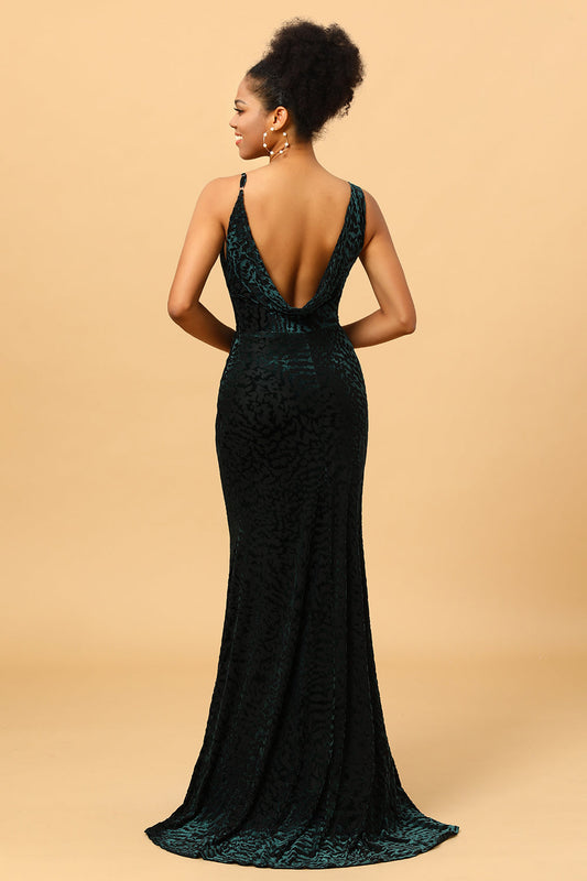 Mermaid V Neck Green Velvet Long Prom Dress