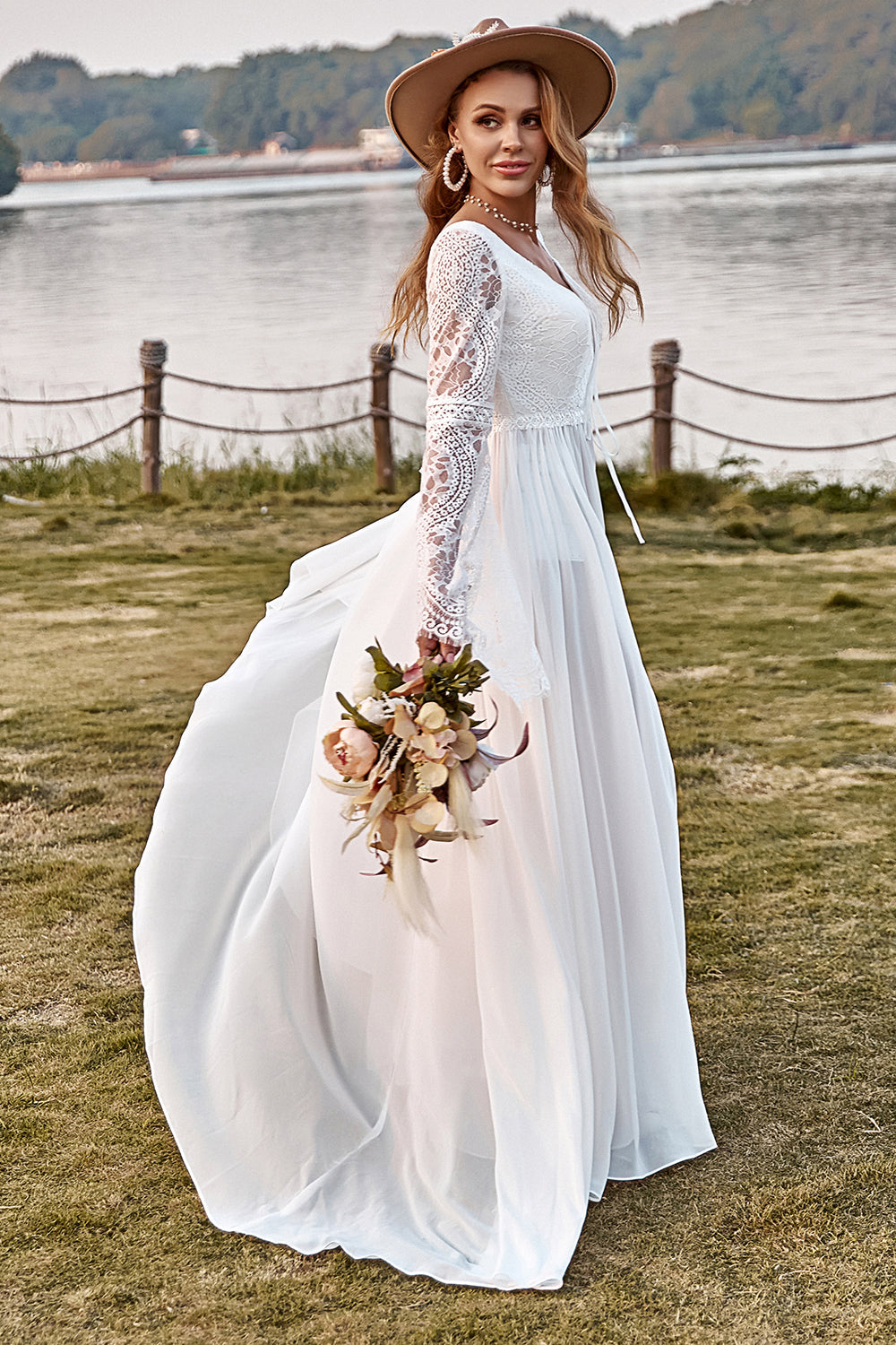 Ivory Lace Chiffon Trumpet Sleeve Boho Wedding Dress
