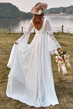 Ivory Lace Chiffon Trumpet Sleeve Boho Wedding Dress