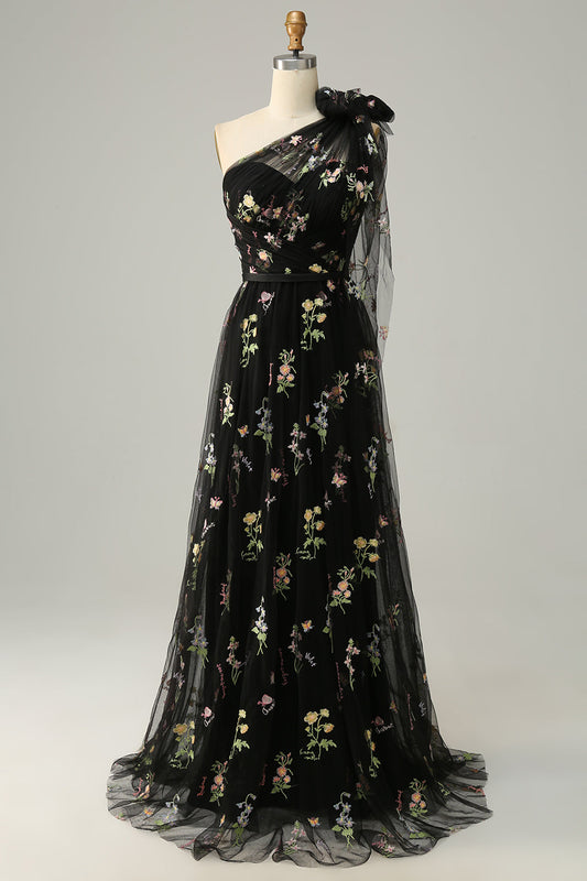 A-Line Black Long Prom Dress With Embroidery