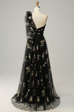 A-Line Black Long Prom Dress With Embroidery