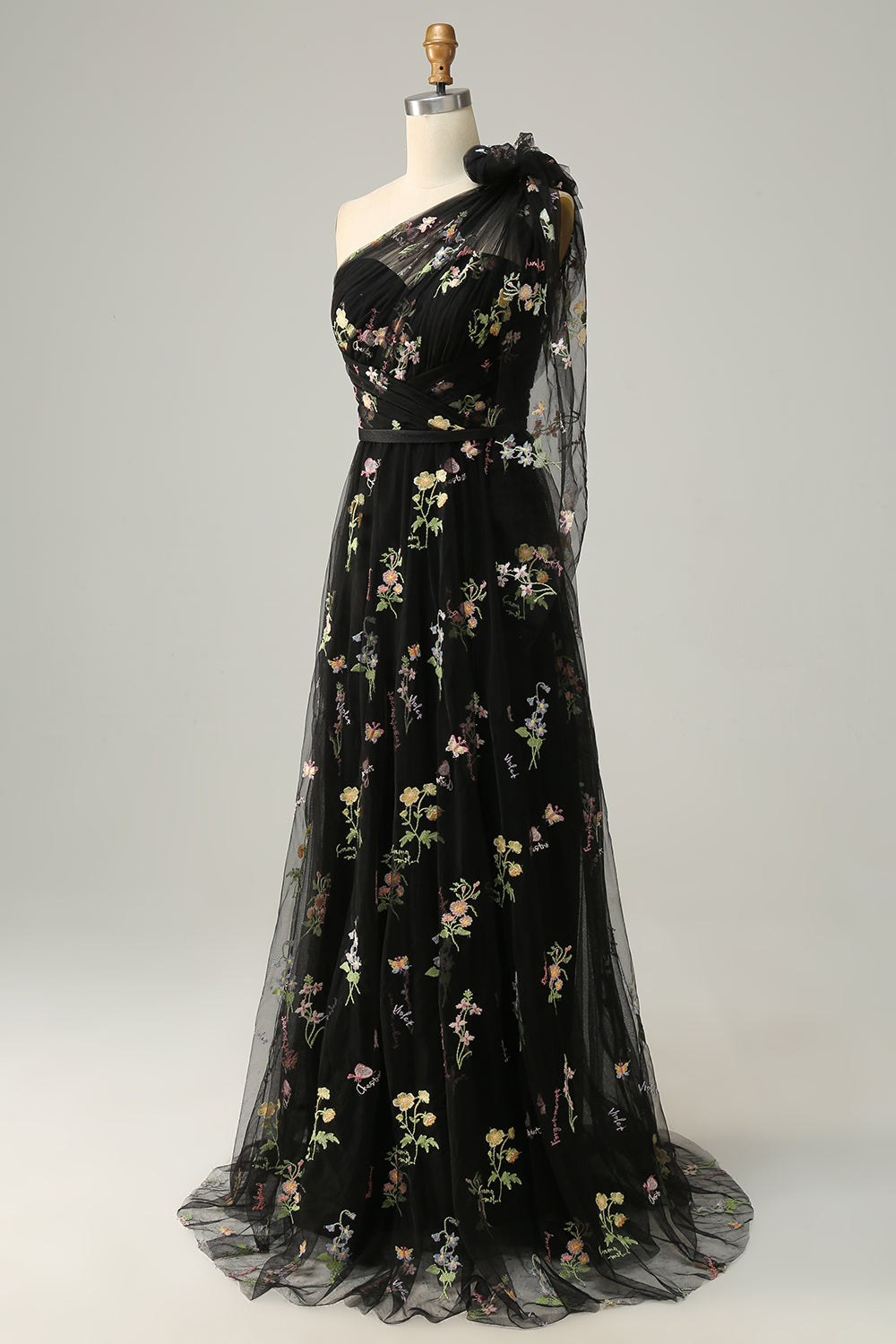 A-Line Black Long Prom Dress With Embroidery