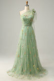 A-Line Green Long Prom Dress With Embroidery