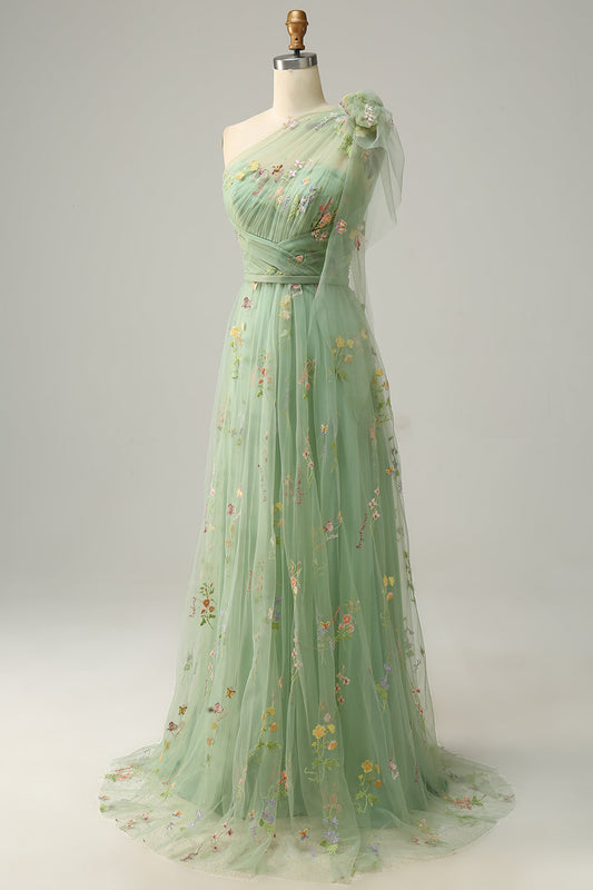 A-Line Green Long Prom Dress With Embroidery