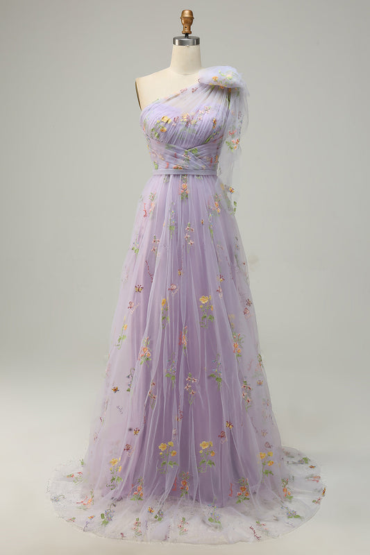 A-Line Purple Long Prom Dress With Embroidery