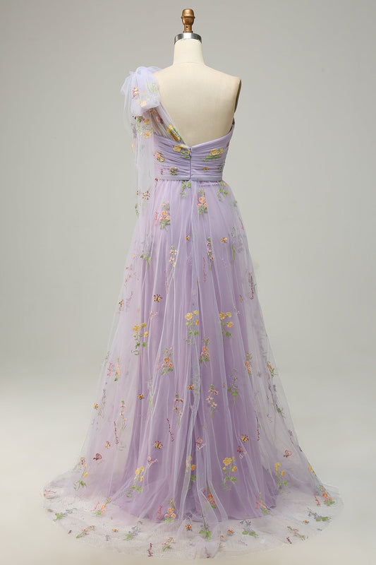 A-Line Purple Long Prom Dress With Embroidery