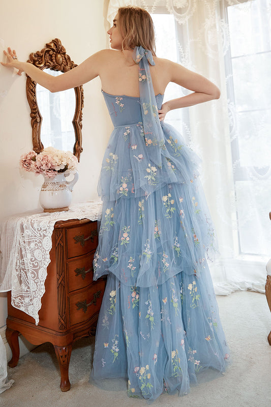 Halter Grey Blue A-Line Tulle Prom Dress with Embroidery