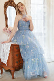 Halter Grey Blue A-Line Tulle Prom Dress with Embroidery