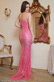 Fuchsia Sequin One Shoulder Sparkly Long Prom Dress with Slit